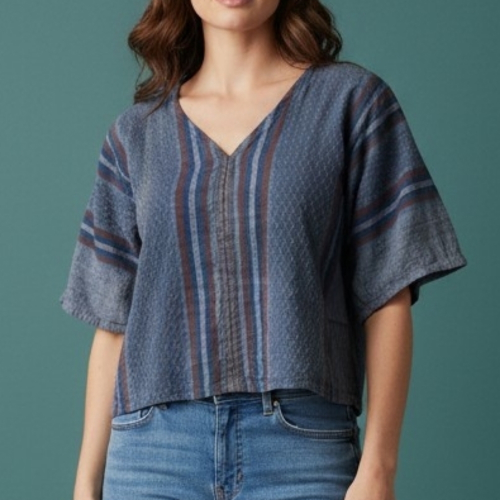 REALM Blue Striped V-Neck Short Sleeve Crop Top